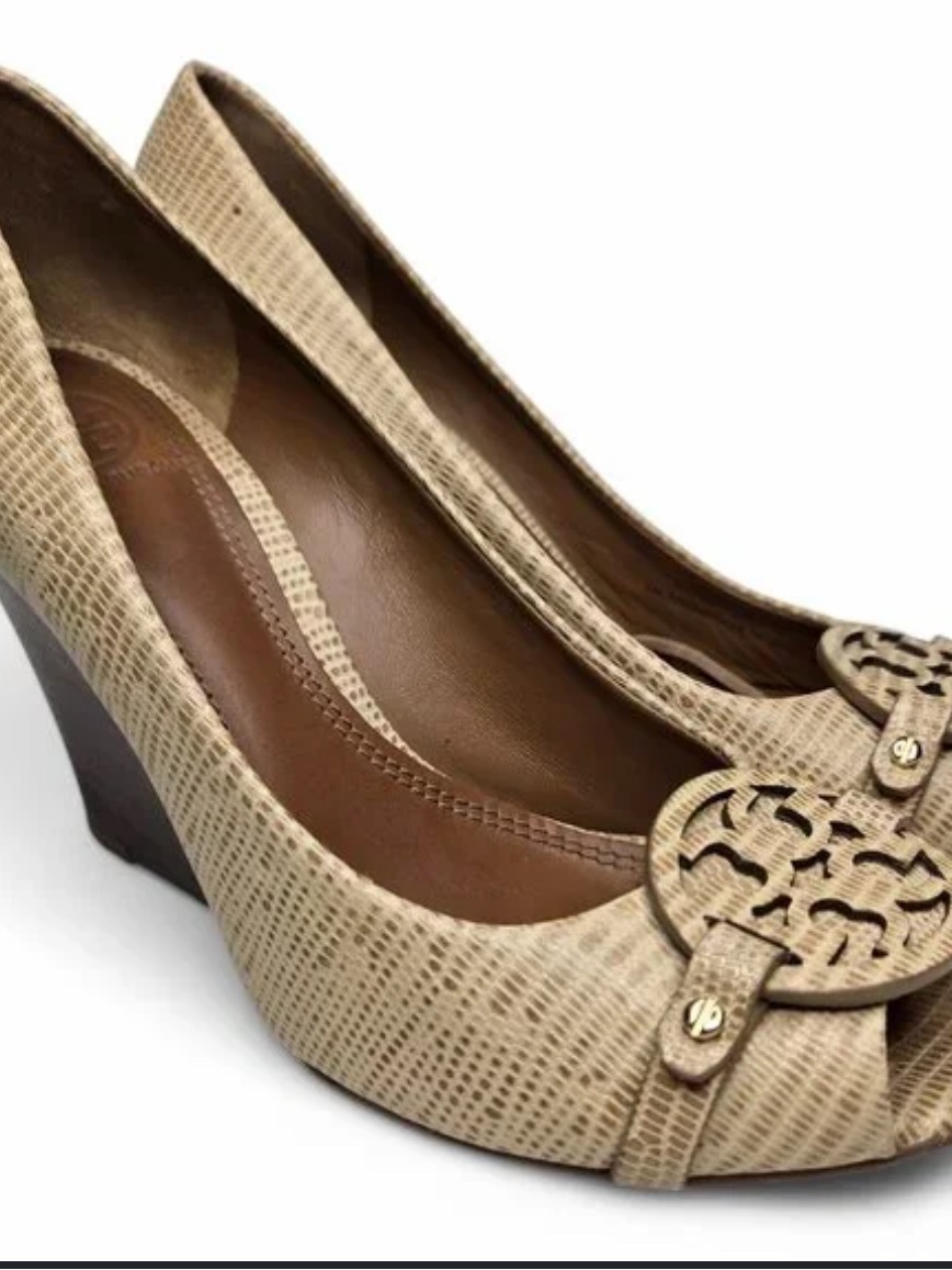 Tory Burch Neutral Textured Leather Wedge Pumps